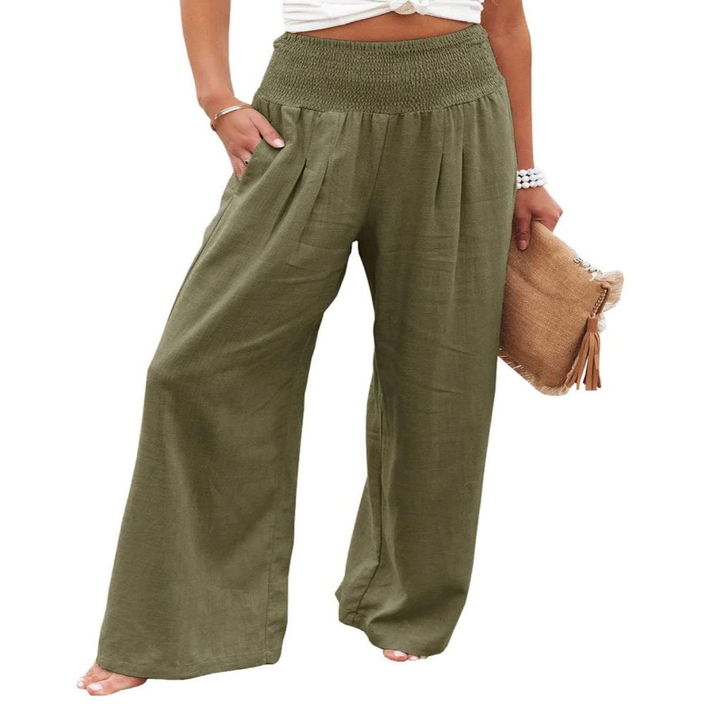 Canbebig Women's Cotton Linen Pants Elastic High Waist Loose Wide Leg Lounge Yoga Pants Tunic Waist Trousers with Pockets Army Green