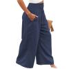 Canbebig Women's Cotton Linen Pants Elastic High Waist Loose Wide Leg Lounge Yoga Pants Tunic Waist Trousers with Pockets Navy view 4