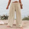 Canbebig Women's Cotton Linen Pants Elastic High Waist Loose Wide Leg Lounge Yoga Pants Tunic Waist Trousers with Pockets Beige view 2