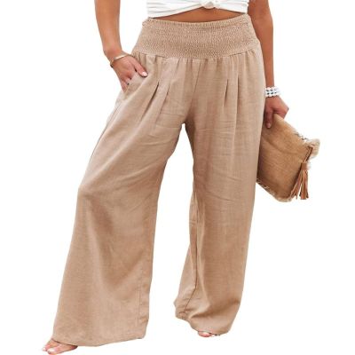 Canbebig Women's Cotton Linen Pants Elastic High Waist Loose Wide Leg Lounge Yoga Pants Tunic Waist Trousers with Pockets Khaki