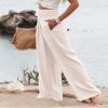 Canbebig Women's Cotton Linen Pants Elastic High Waist Loose Wide Leg Lounge Yoga Pants Tunic Waist Trousers with Pockets White view 2