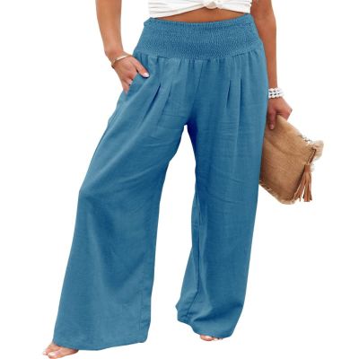 Canbebig Women's Cotton Linen Pants Elastic High Waist Loose Wide Leg Lounge Yoga Pants Tunic Waist Trousers with Pockets Blue