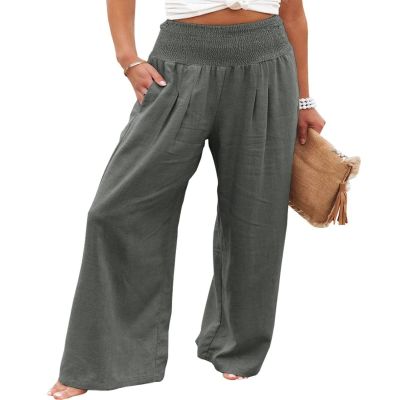 Canbebig Women's Cotton Linen Pants Elastic High Waist Loose Wide Leg Lounge Yoga Pants Tunic Waist Trousers with Pockets Dark Grey