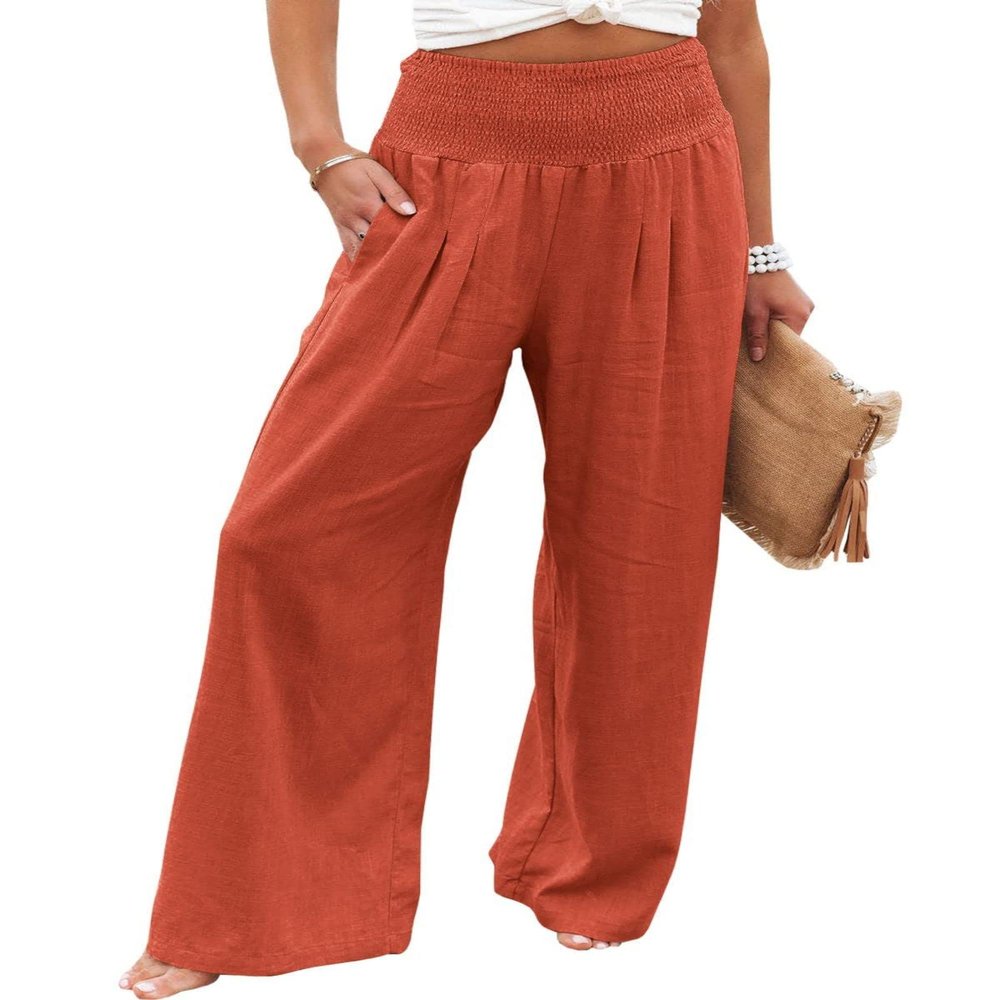 Canbebig Women's Cotton Linen Pants Elastic High Waist Loose Wide Leg Lounge Yoga Pants Tunic Waist Trousers with Pockets Orange