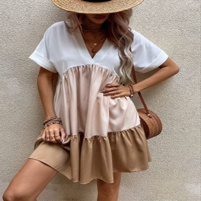 AIEBO Dresses for Women Dress Women's Dress Colorblock Ruffle Hem Smock Dress Dresses (Color : Multicolor, Size : X-Large)