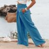 Canbebig Women's Cotton Linen Pants Elastic High Waist Loose Wide Leg Lounge Yoga Pants Tunic Waist Trousers with Pockets Blue view 2