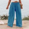 Canbebig Women's Cotton Linen Pants Elastic High Waist Loose Wide Leg Lounge Yoga Pants Tunic Waist Trousers with Pockets Blue view 3