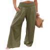 Canbebig Women's Cotton Linen Pants Elastic High Waist Loose Wide Leg Lounge Yoga Pants Tunic Waist Trousers with Pockets Army Green view 1