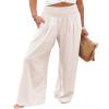 Canbebig Women's Cotton Linen Pants Elastic High Waist Loose Wide Leg Lounge Yoga Pants Tunic Waist Trousers with Pockets White view 1