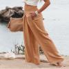 Canbebig Women's Cotton Linen Pants Elastic High Waist Loose Wide Leg Lounge Yoga Pants Tunic Waist Trousers with Pockets Coffee view 2
