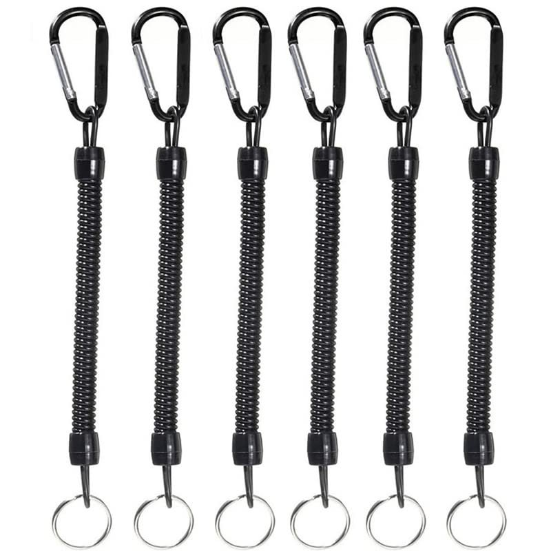 FANGBLUE 6Pcs Fishing Lanyards with Carabiner Boating Ropes Retention Ropes Holder Pliers Lip Bass Fishing Tackle for Safe Keeping Fishing Rod (Black)