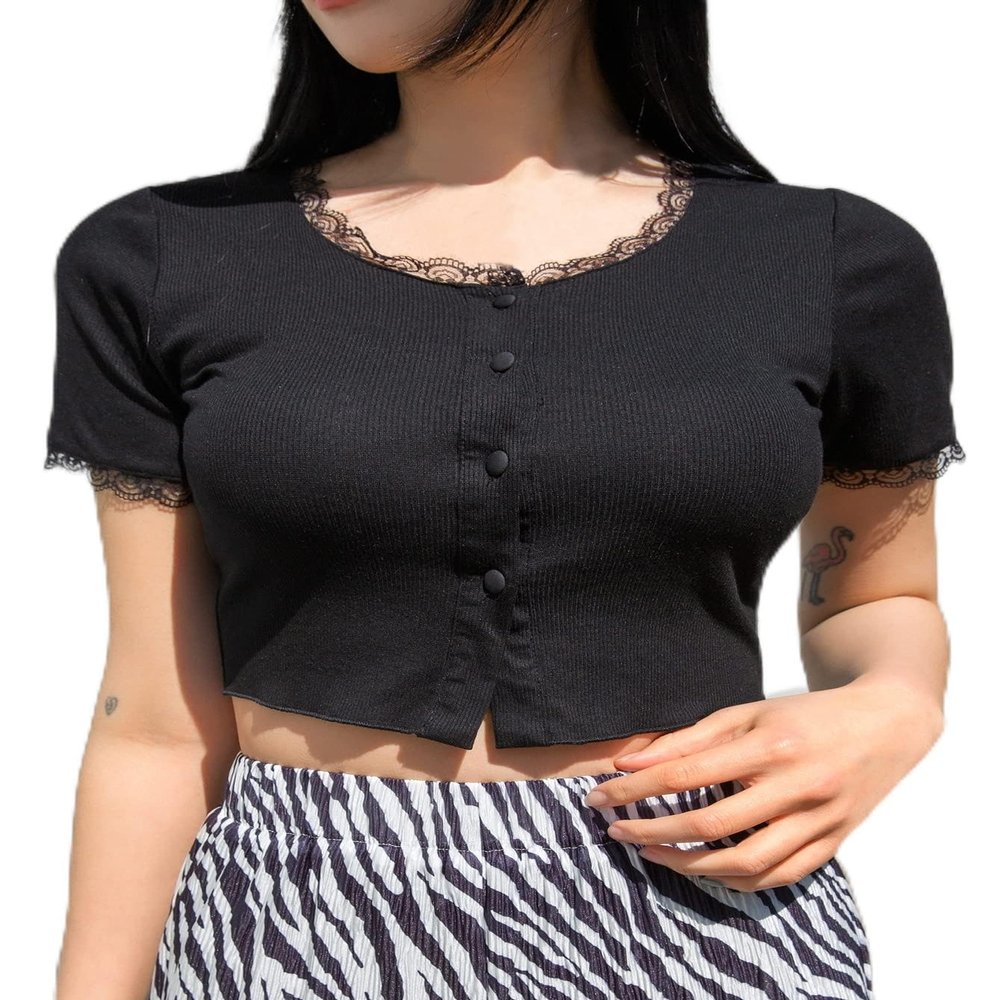Womens Summer Tops Sexy Casual T Shirts for Women Lace Trim Button Front Crop Tee (Color : Black, Size : Large)