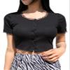 Womens Summer Tops Sexy Casual T Shirts for Women Lace Trim Button Front Crop Tee (Color : Black, Size : Large) view 1