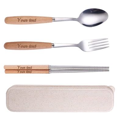 Muka Custom Set of 3 Flatware Set with Case Reusable Wood Handle - Fork, Spoon, Chopsticks-Wood