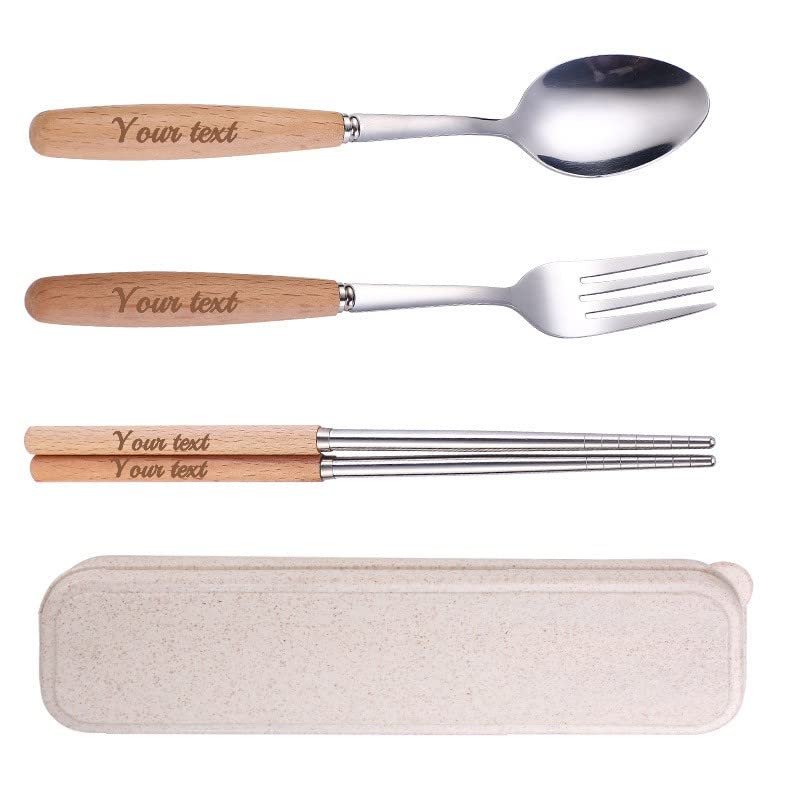 Muka Custom Set of 3 Flatware Set with Case Reusable Wood Handle - Fork, Spoon, Chopsticks-Wood