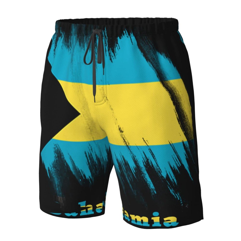 Bahamia Flag Bahamian Men's Beach Shorts Drawstring Quick Dry Running Athletic Shorts Comfortable Loose Gym Shorts Swimsuit Pants with Pockets Medium White