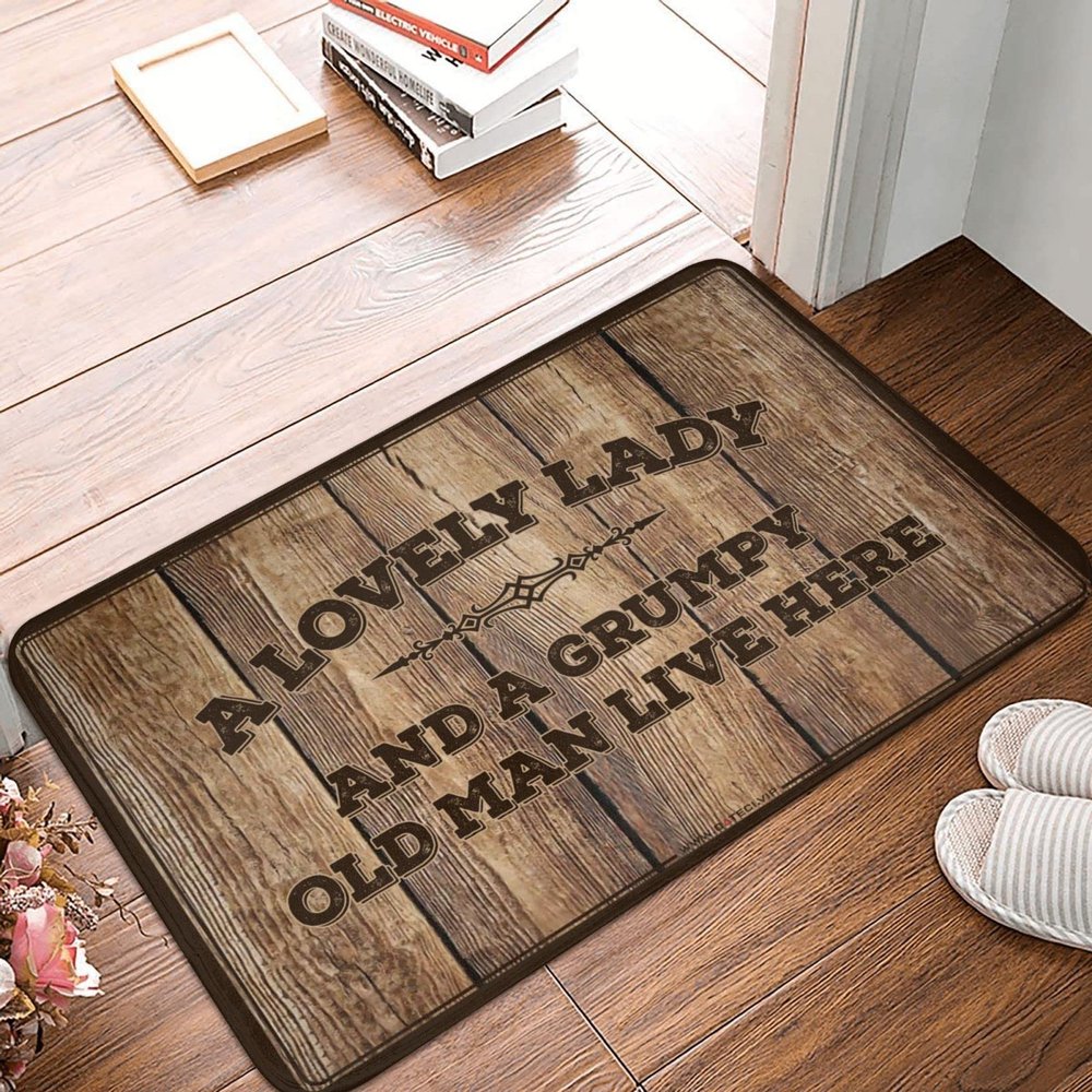 Abipuir Inside Door Mats for Home Entrance A Lovely Lady and A Grumpy Old Man Live Here Rug Mat Shoes Man Cave Accessories and Decor (Size : 65X90CM)