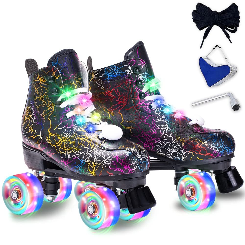 Roller Skates Women Men - Microfiber Leather Roller Skate Classic High Top Double Row Roller Skates for Indoor Outdoor with Light up Shoe Laces (Flash Wheel, 39-US Men 6.5= Women 7.5)