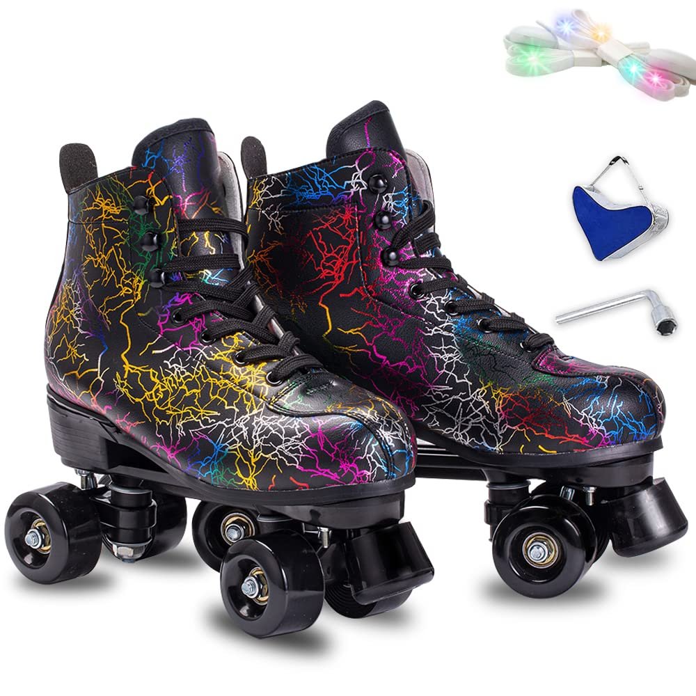 Roller Skates Women Men - Microfiber Leather Roller Skate Classic High Top Double Row Roller Skates for Indoor Outdoor with Light up Shoe Laces (Black Wheel, 44-US Men 10= Women 11)