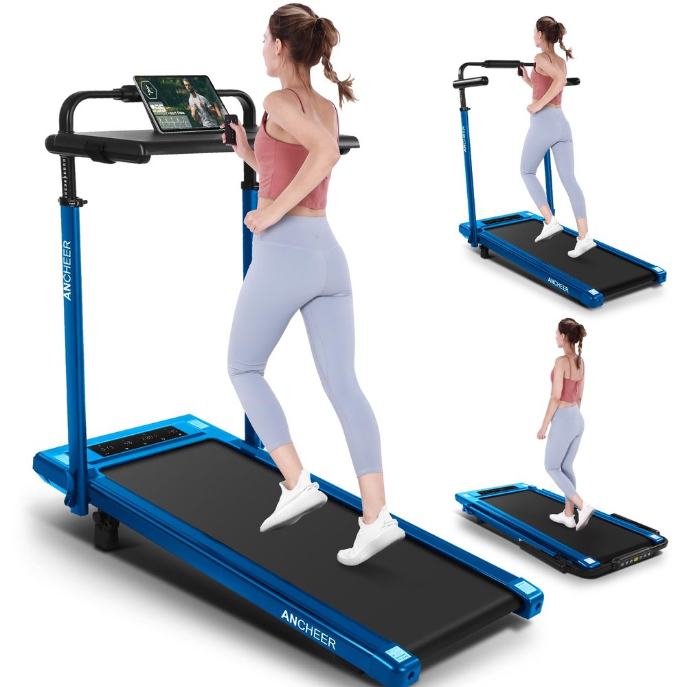 ANCHEER Walking Pad with Desk 47-50.5 Inch Adjustable Height, 6 in 1 Treadmill with 8% Incline for Home Workstation, Folding Treadmill 300lbs Weight Capacity/Ultra-Quiet/Installation-Free(Light Blue)