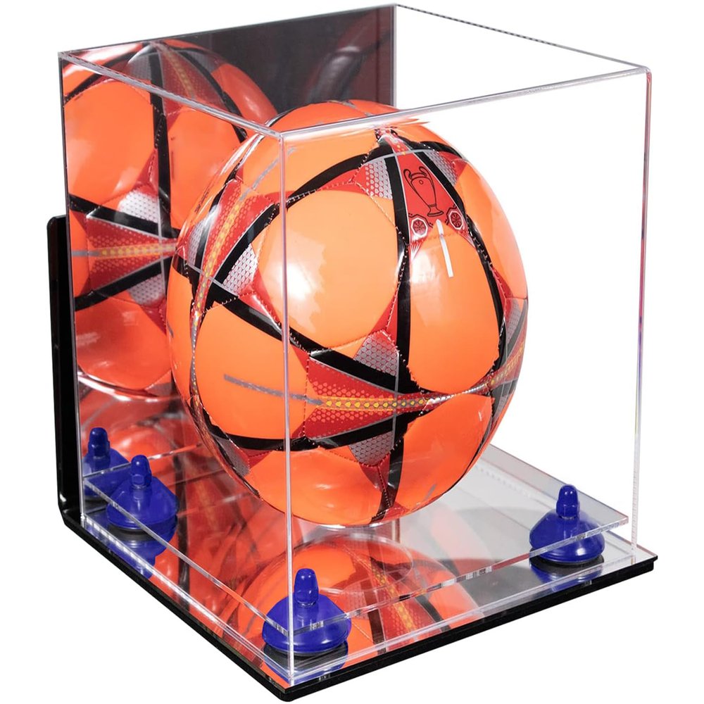 Better Display Cases Acrylic Soccer Ball Display Case with Mirror Case, Dark Blue Risers, Wall Mount and Mirror Base 9.75" X 9.75" X 9.75" (A027/B02)