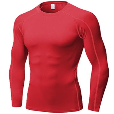 Red Compression Shirts Mens Long Sleeve Cool Dry Athletic Workout Running T-Shirts Tops Sports Baselayer Undershirts