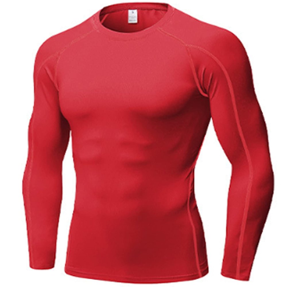 Red Compression Shirts Mens Long Sleeve Cool Dry Athletic Workout Running T-Shirts Tops Sports Baselayer Undershirts