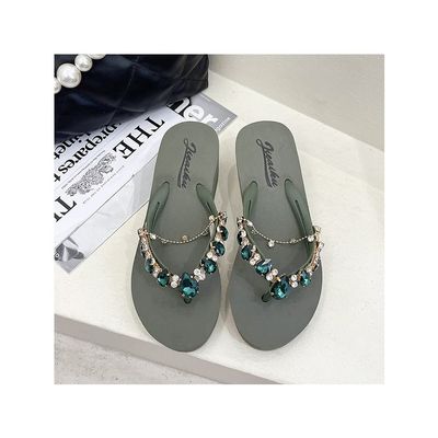 DYJAGYO Women's Rhinestone Chain Platform Wedge Flip Flop Sandals,Women's Rhinestone Flip Flops,Fashion Flip Flop Sandals for Parties and Weddings (Green,38)