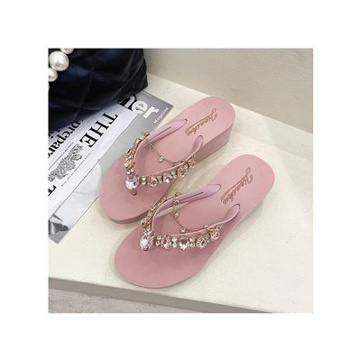 DYJAGYO Women's Rhinestone Chain Platform Wedge Flip Flop Sandals,Women's Rhinestone Flip Flops,Fashion Flip Flop Sandals for Parties and Weddings (Pink,39)