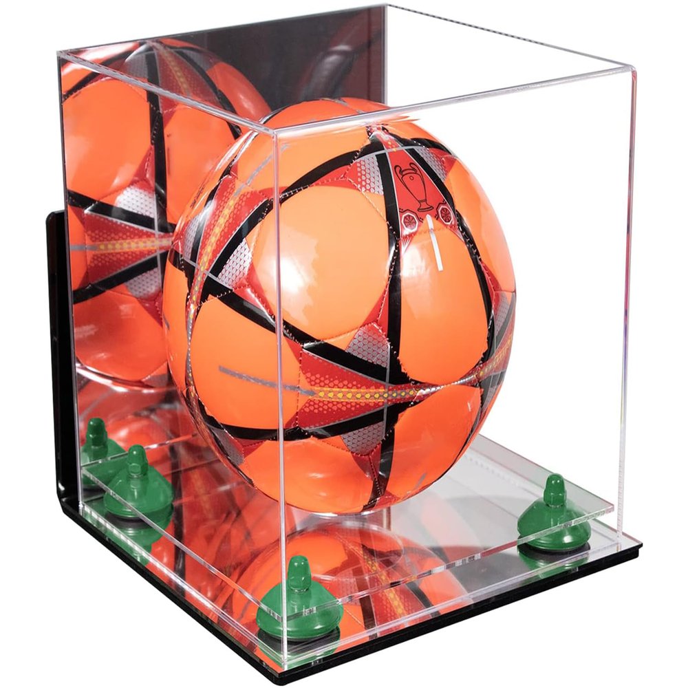 Better Display Cases Acrylic Display Case for Collectibles, Full Size Soccer Ball Display Case,Green Risers & Mirror Base,WM, Handcrafted Showcase Box.DIM;9.75" L x 9.75" W x 9.75" H. (A027/B02)