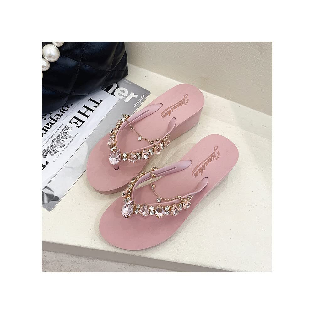 DYJAGYO Women's Rhinestone Chain Platform Wedge Flip Flop Sandals,Women's Rhinestone Flip Flops,Fashion Flip Flop Sandals for Parties and Weddings (Pink,36)