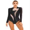 Freebily Womens Sheer Mesh Long Sleeve Bodysuit Sequined Mock Neck Tassel Leotards Dancewear Black A X-Large view 2