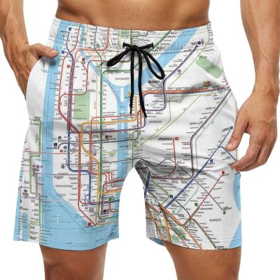 New York Subway Map Men's Swim Trunks Beach Shorts with Pockets Drawstring Casual Pant
