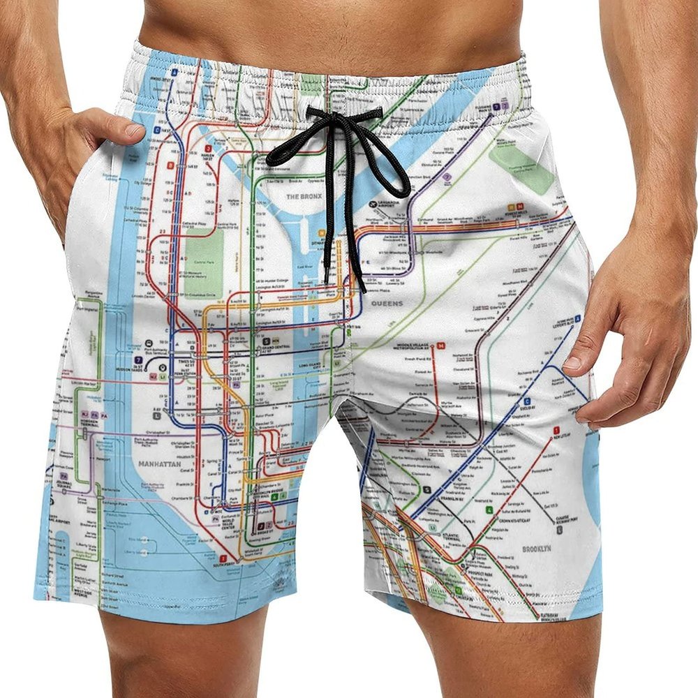 New York Subway Map Men's Swim Trunks Beach Shorts with Pockets Drawstring Casual Pant