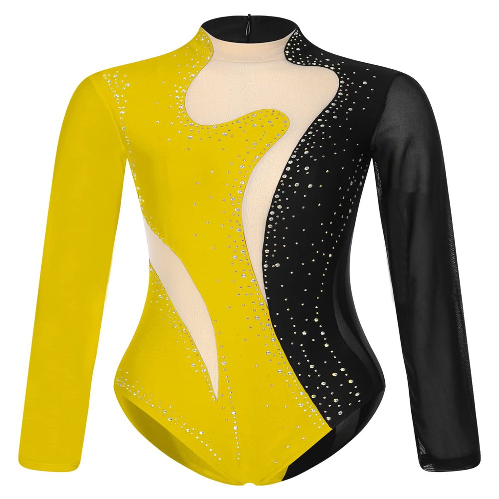 Freebily Womens Sheer Mesh Long Sleeve Bodysuit Sequined Mock Neck Tassel Leotards Dancewear Black&Yellow A Medium