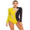 Freebily Womens Sheer Mesh Long Sleeve Bodysuit Sequined Mock Neck Tassel Leotards Dancewear Black&Yellow A Medium view 2