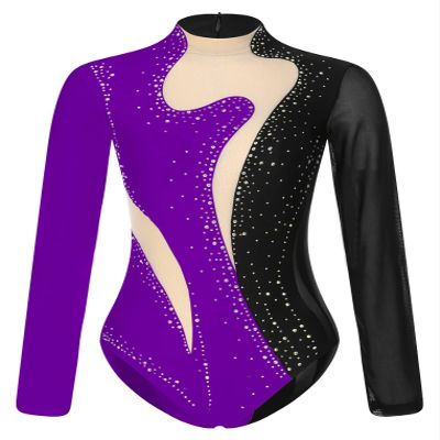 Freebily Womens Sheer Mesh Long Sleeve Bodysuit Sequined Mock Neck Tassel Leotards Dancewear Black&Purple A Medium