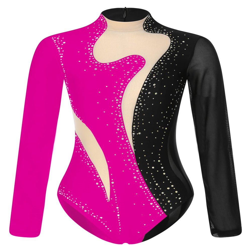 Freebily Womens Sheer Mesh Long Sleeve Bodysuit Sequined Mock Neck Tassel Leotards Dancewear Black&Rose A Medium