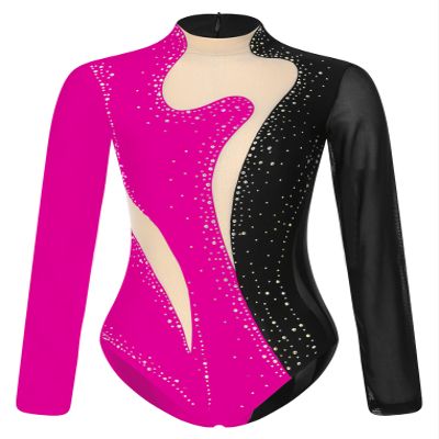 Freebily Womens Sheer Mesh Long Sleeve Bodysuit Sequined Mock Neck Tassel Leotards Dancewear Black&Rose A X-Large
