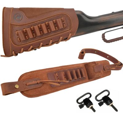 1 Set of Gun Buttstock Shell Holder with Matched Color Sling for Lefty or Righty Hunter (Brown(.308 .30-06 .45-70), Righty Hunter)