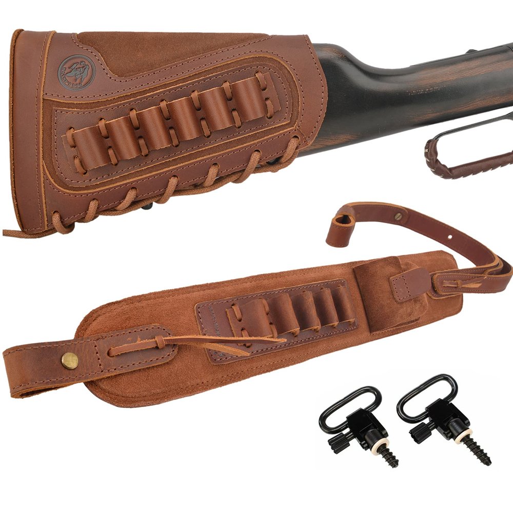 1 Set of Gun Buttstock Shell Holder with Matched Color Sling for Lefty or Righty Hunter (Brown(.308 .30-06 .45-70), Righty Hunter)