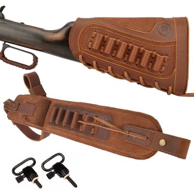 1 Set of Gun Buttstock Shell Holder with Matched Color Sling for Lefty or Righty Hunter (Brown(.308 .30-06 .45-70), Lefty Hunter)