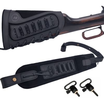 1 Set of Gun Buttstock Shell Holder with Matched Color Sling for Lefty or Righty Hunter (Black(.308 .30-06 .45-70), Righty Hunter)
