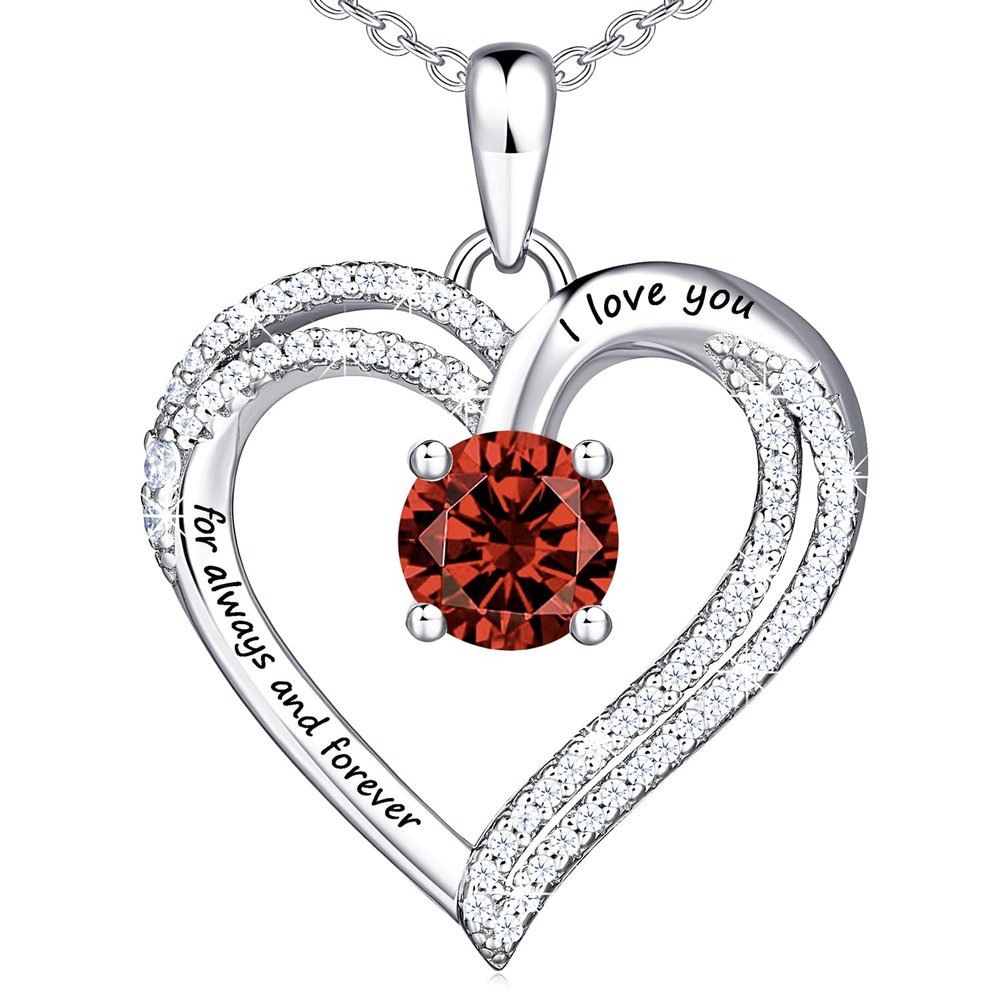 OR OLD RUBIN Heart Necklace for Women, 18K Gold Over 925 Sterling Silver Necklace for Women with a Gemstone Birthstone, Sterling Silver, Cubic Zirconia 42+8cm