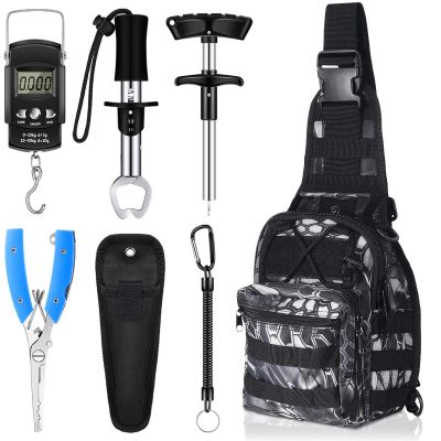 Hungdao 7 Pcs Fishing Gifts Backpack Tool Kit Fishing Gear Set Fish Hook Pliers Remover Digital Scale Gripper Sheath Lanyards Fish Hook Separator(Black,Anaconda Style)