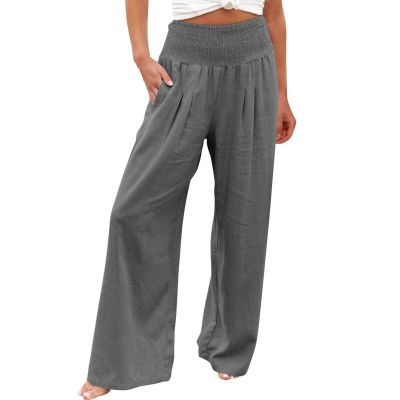 XUNRYAN Women's Cotton Linen Wide Leg Pants Summer Casual High Waisted Boho Palazzo Pants Baggy Lounge Trousers w Pockets