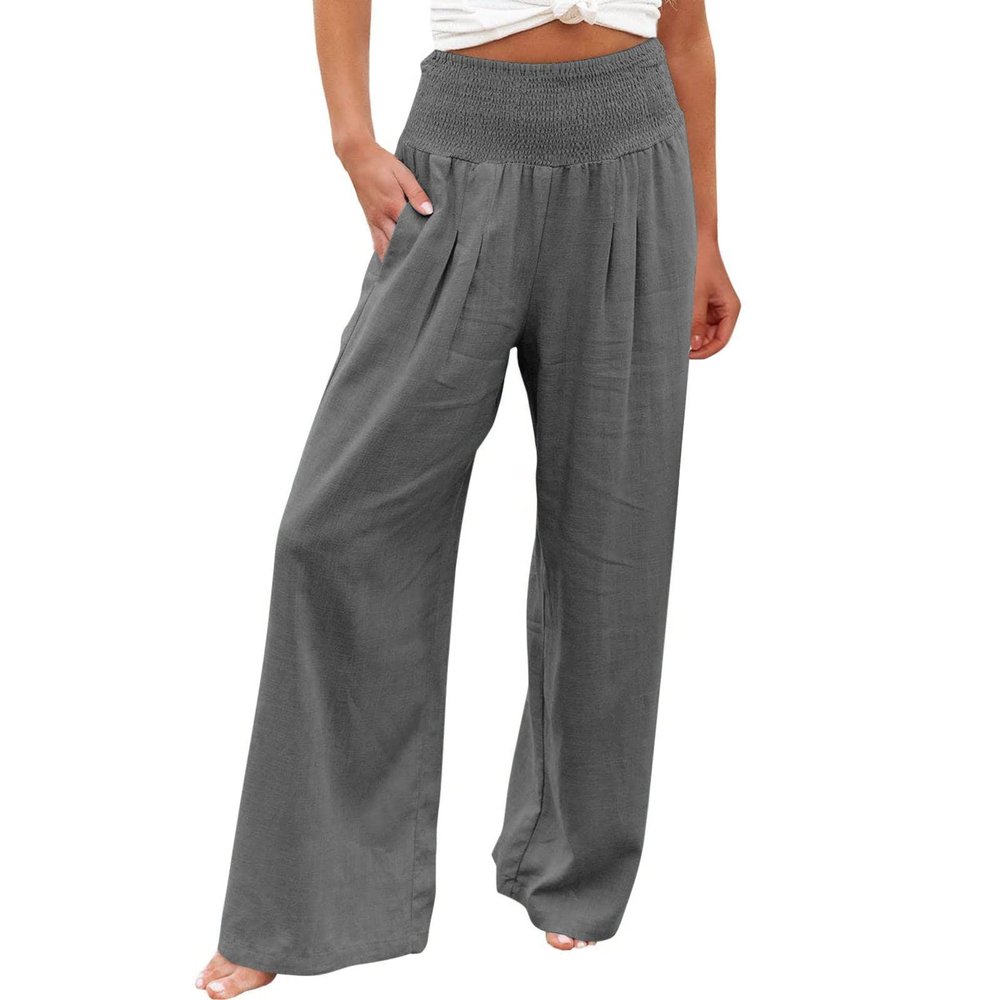 XUNRYAN Women's Cotton Linen Wide Leg Pants Summer Casual High Waisted Boho Palazzo Pants Baggy Lounge Trousers w Pockets