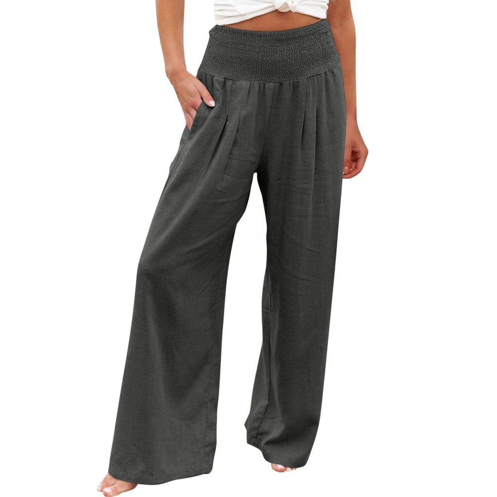 XUNRYAN Women's Cotton Linen Wide Leg Pants Summer Casual High Waisted Boho Palazzo Pants Baggy Lounge Trousers w Pockets