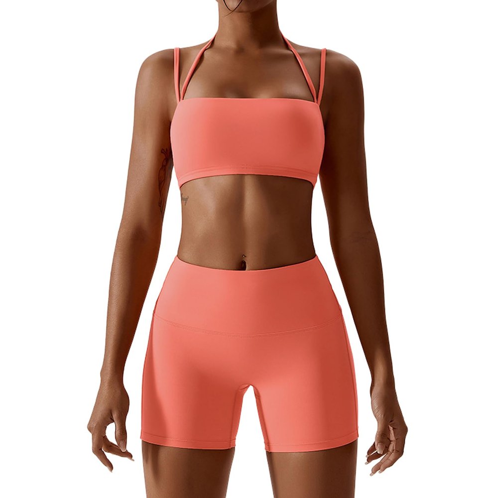 IMEKIS Workout Sets for Women 2 Piece Yoga Outfit: Tracksuits High Waisted Running Biker Shorts with Sport Bra Shirt Exercise Clothes Athletic Gym Sets Matching Active Wear B - Orange Small