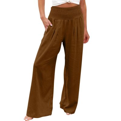 XUNRYAN Women's Cotton Linen Wide Leg Pants Summer Casual High Waisted Boho Palazzo Pants Baggy Lounge Trousers w Pockets